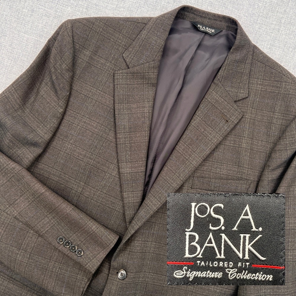 Jos A Bank Signature 48L Wool Blazer Dark Olive Brown Plaid Windowpane Tailored
